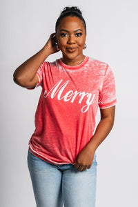 Merry script acid wash t-shirt red - Trendy Holiday Apparel at Lush Fashion Lounge Boutique in Oklahoma City