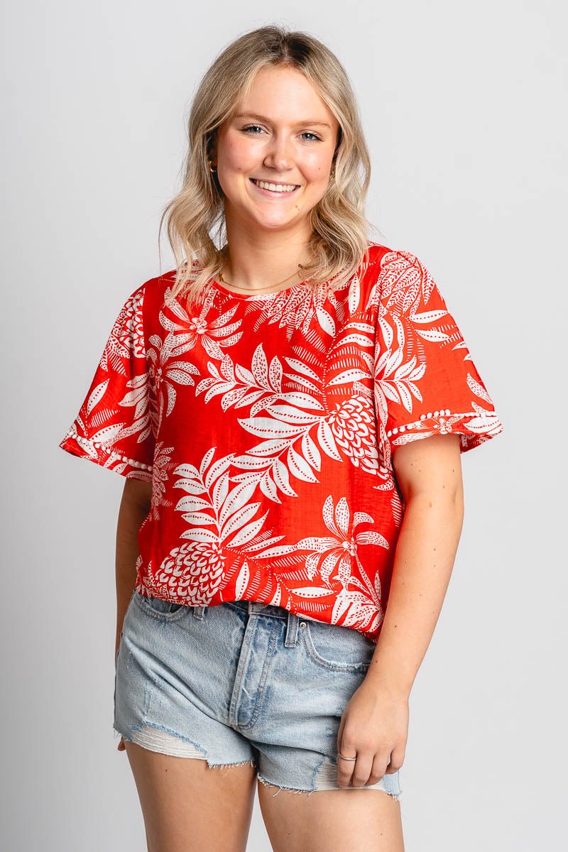 Tropical short sleeve top red - Cute top - Fun Vacay Basics at Lush Fashion Lounge Boutique in Oklahoma City