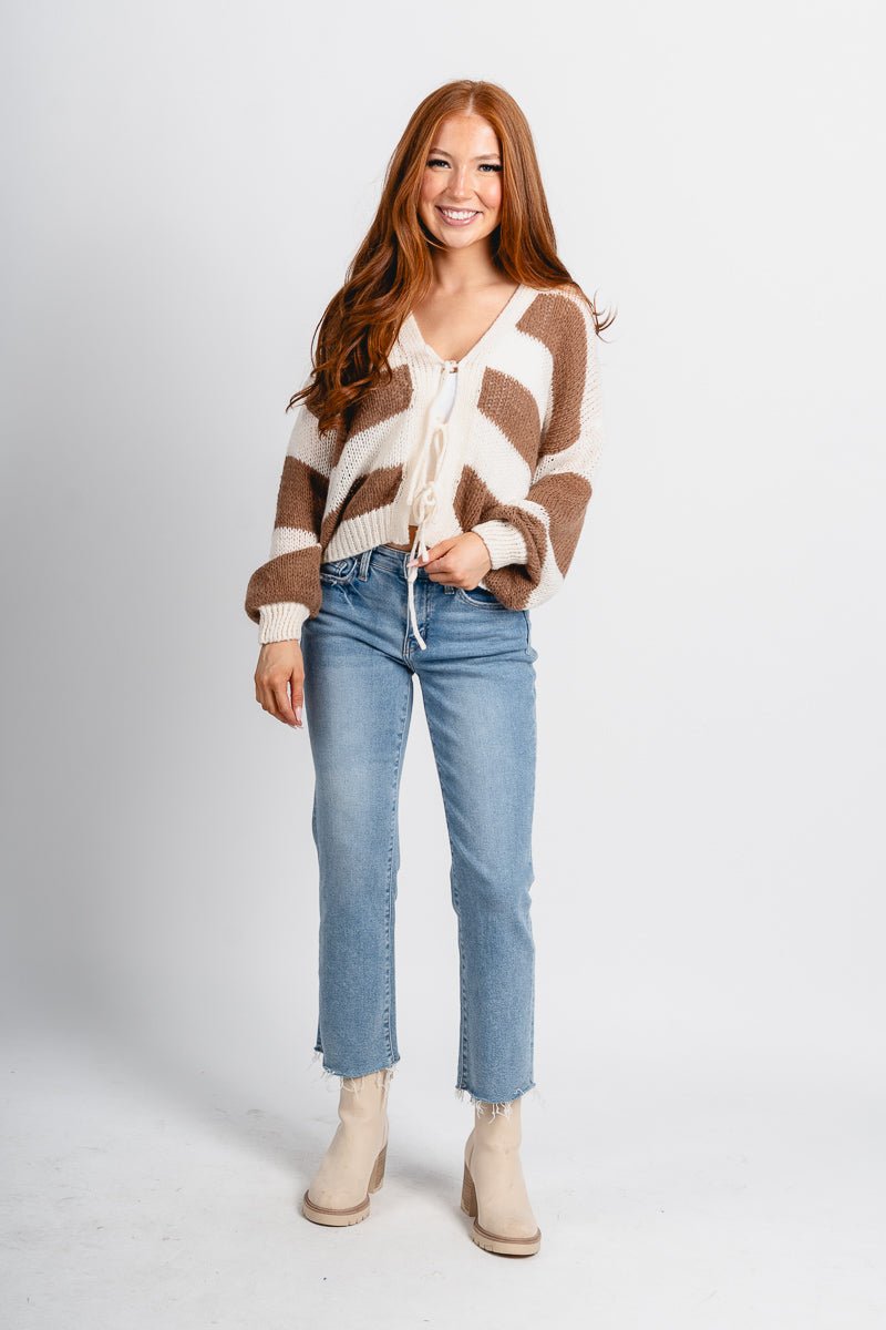 Striped tie front cardigan cream/brown - Trendy Cardigan - Fashion Cardigans & Cute Kimonos at Lush Fashion Lounge Boutique in Oklahoma City