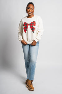 Plaid bow sweater cream - Exclusive Collection of Holiday Inspired T-Shirts and Hoodies at Lush Fashion Lounge Boutique in Oklahoma City