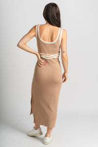 Square neck midi dress tan - Affordable dress - Boutique Dresses at Lush Fashion Lounge Boutique in Oklahoma City