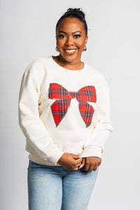 Plaid bow sweater cream - Trendy Holiday Apparel at Lush Fashion Lounge Boutique in Oklahoma City