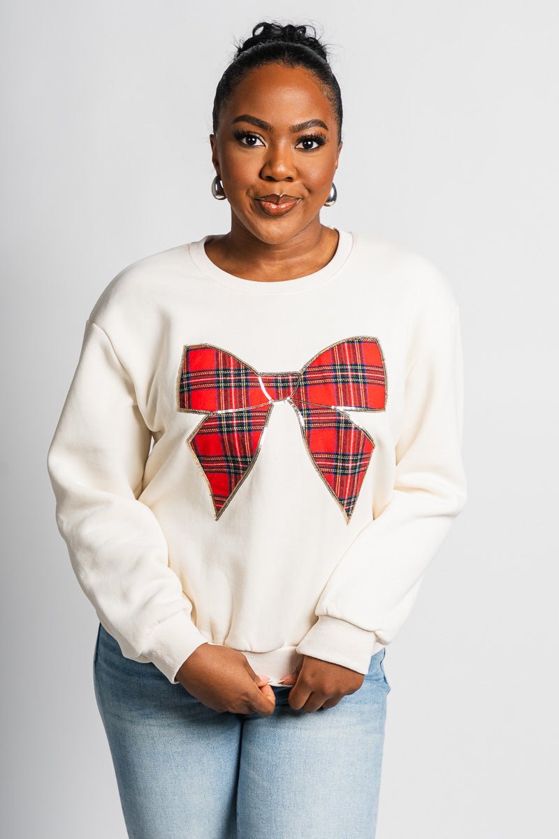 Plaid bow sweater cream