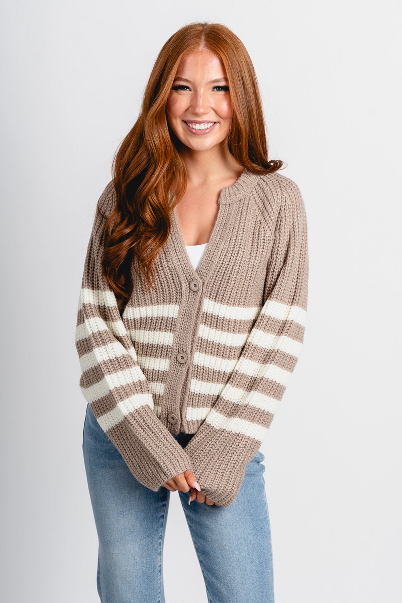 Button striped sweater cardigan sand - Cute Cardigan - Trendy Cardigans & Stylish Kimonos at Lush Fashion Lounge Boutique in Oklahoma City