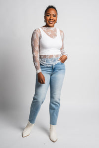 Mesh lace long sleeve top off white - Exclusive Collection of Holiday Inspired T-Shirts and Hoodies at Lush Fashion Lounge Boutique in Oklahoma City