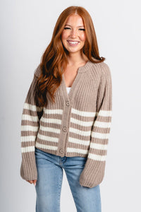Button striped sweater cardigan sand - Affordable Cardigan - Boutique Cardigans & Trendy Kimonos at Lush Fashion Lounge Boutique in Oklahoma City