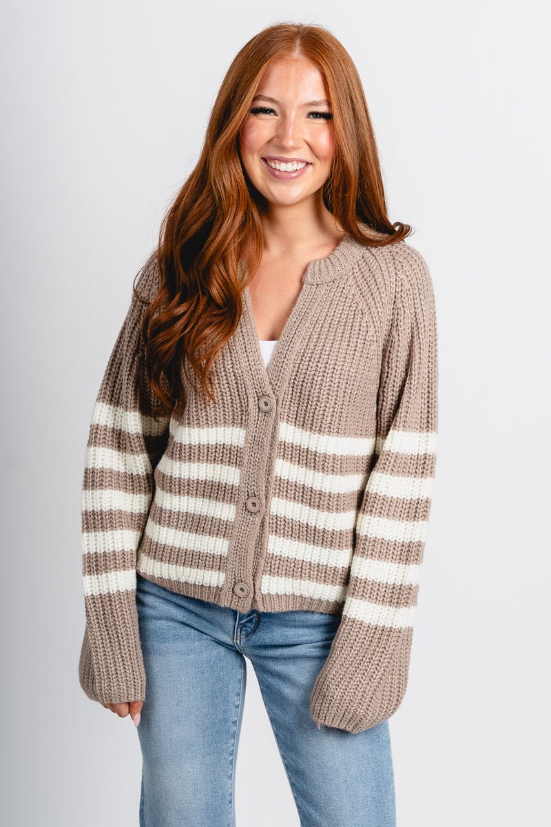 Button striped sweater cardigan sand - Affordable Cardigan - Boutique Cardigans & Trendy Kimonos at Lush Fashion Lounge Boutique in Oklahoma City
