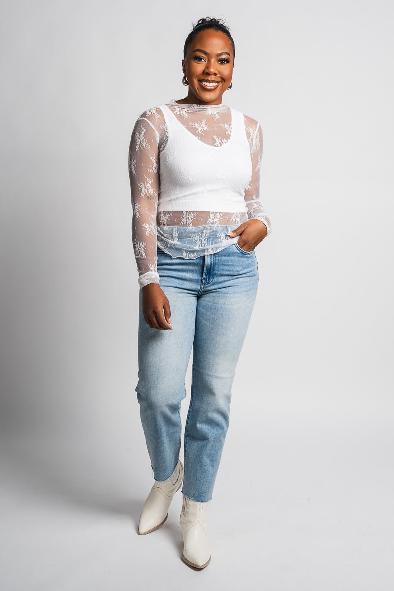 Mesh lace long sleeve top off white