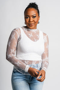 Mesh lace long sleeve top off white - Trendy Holiday Apparel at Lush Fashion Lounge Boutique in Oklahoma City