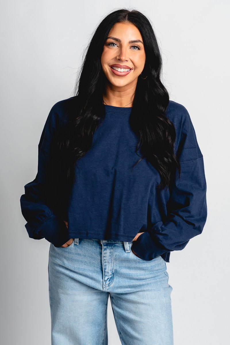 Open back long sleeve top navy