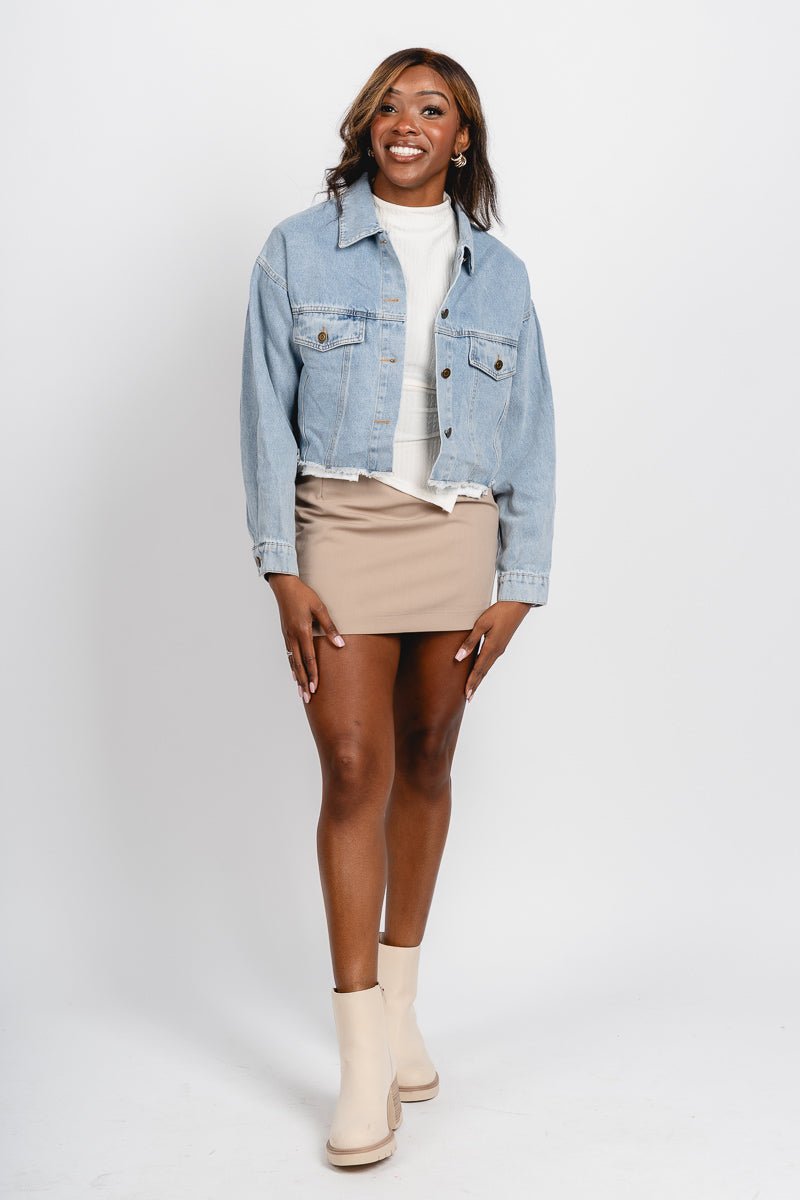 Cropped denim jacket light denim – Unique Blazers | Cute Blazers For Women at Lush Fashion Lounge Boutique in Oklahoma City