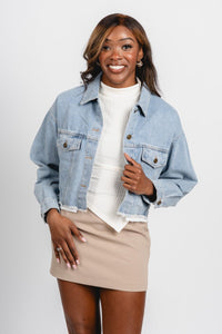 Cropped denim jacket light denim – Trendy Jackets | Cute Fashion Blazers at Lush Fashion Lounge Boutique in Oklahoma City