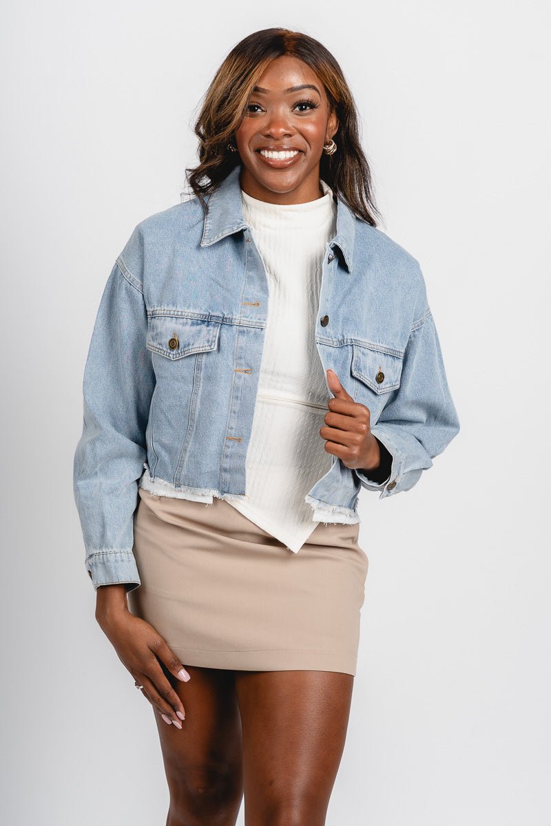 Cropped denim jacket light denim – Affordable Blazers | Cute Black Jackets at Lush Fashion Lounge Boutique in Oklahoma City
