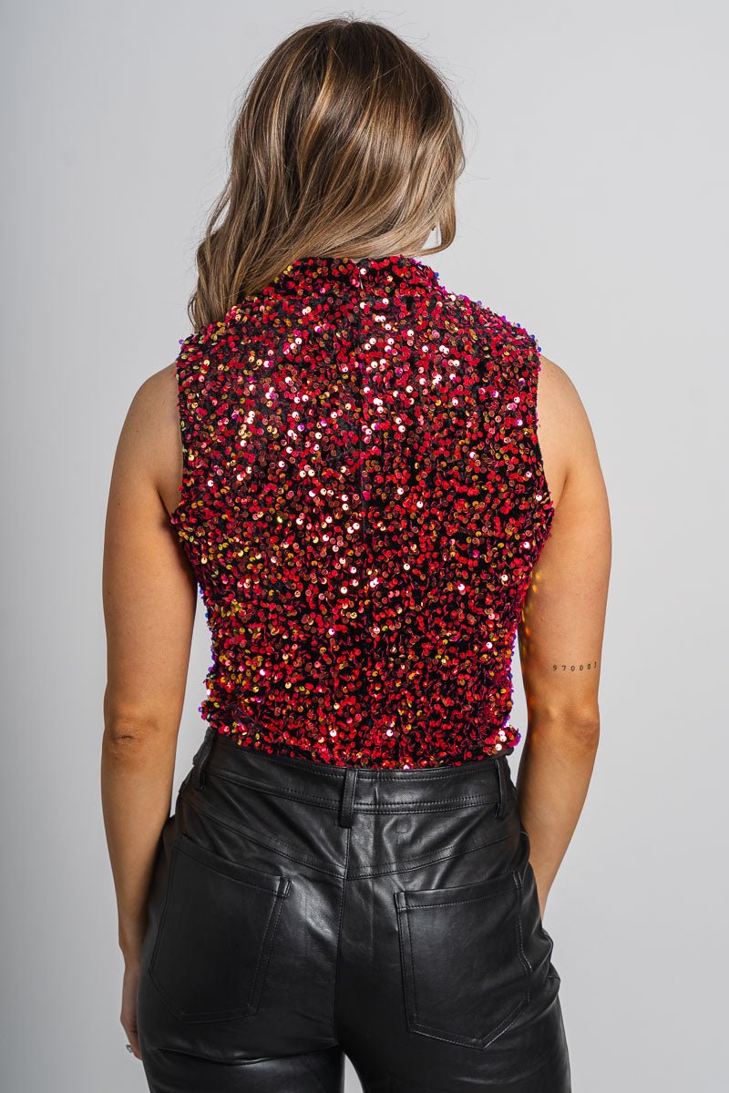 Mock neck sequin bodysuit magenta