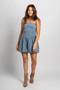 Strapless bubble hem denim dress medium blue - Trendy dress - Fashion Dresses at Lush Fashion Lounge Boutique in Oklahoma City