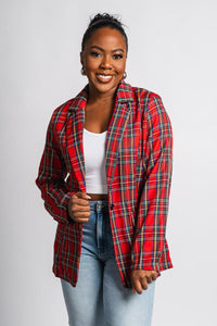 Plaid blazer red – Trendy Jackets | Cute Fashion Blazers at Lush Fashion Lounge Boutique in Oklahoma City