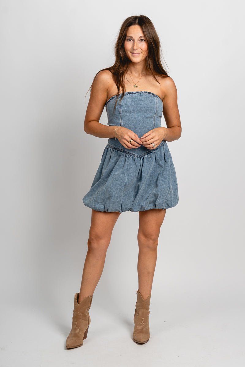 Strapless bubble hem denim dress medium blue Stylish dress - Womens Fashion Dresses at Lush Fashion Lounge Boutique in Oklahoma City