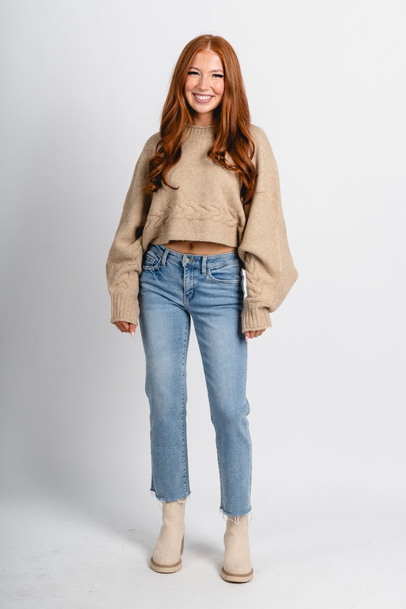 Mock neck crop sweater beige – Unique Sweaters | Lounging Sweaters and Womens Fashion Sweaters at Lush Fashion Lounge Boutique in Oklahoma City