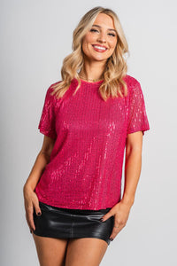 Short sleeve sequin top fuchsia - Trendy New Year's Eve Dresses, Skirts, Kimonos and Sequins at Lush Fashion Lounge Boutique in Oklahoma City