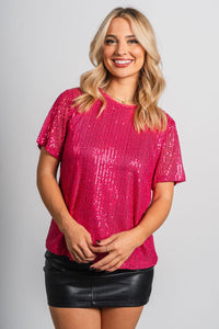 Short sleeve sequin top fuchsia - Trendy New Year's Eve Outfits at Lush Fashion Lounge Boutique in Oklahoma City