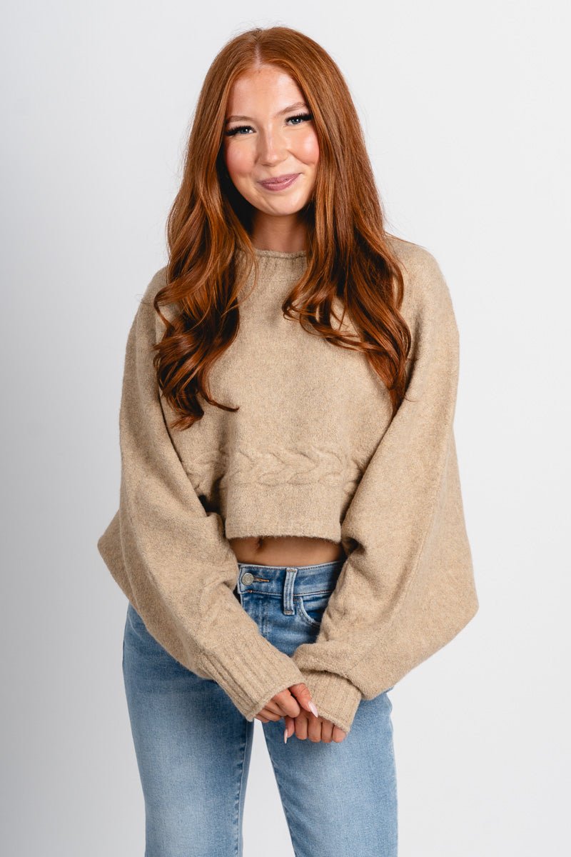 Mock neck crop sweater beige – Boutique Sweaters | Fashionable Sweaters at Lush Fashion Lounge Boutique in Oklahoma City