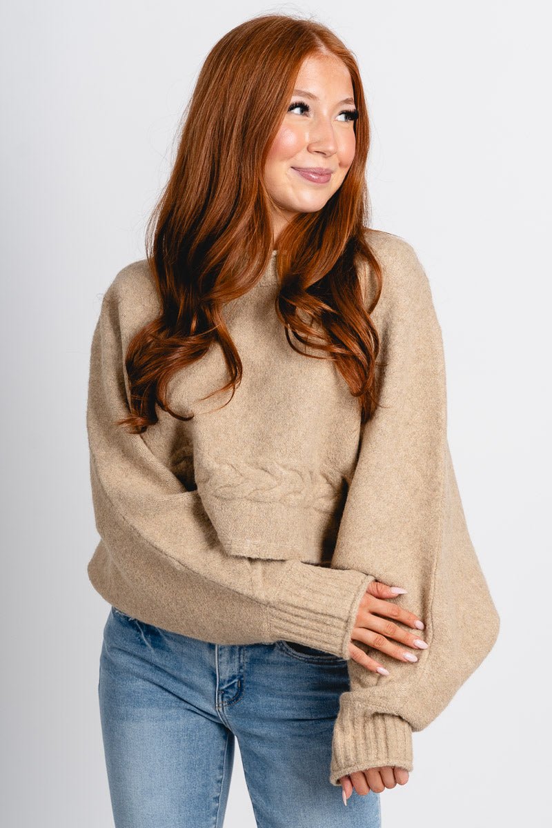 Mock neck crop sweater beige – Stylish Sweaters | Boutique Sweaters at Lush Fashion Lounge Boutique in Oklahoma City