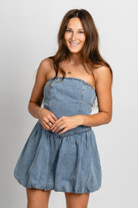 Strapless bubble hem denim dress medium blue - Cute dress - Trendy Dresses at Lush Fashion Lounge Boutique in Oklahoma City