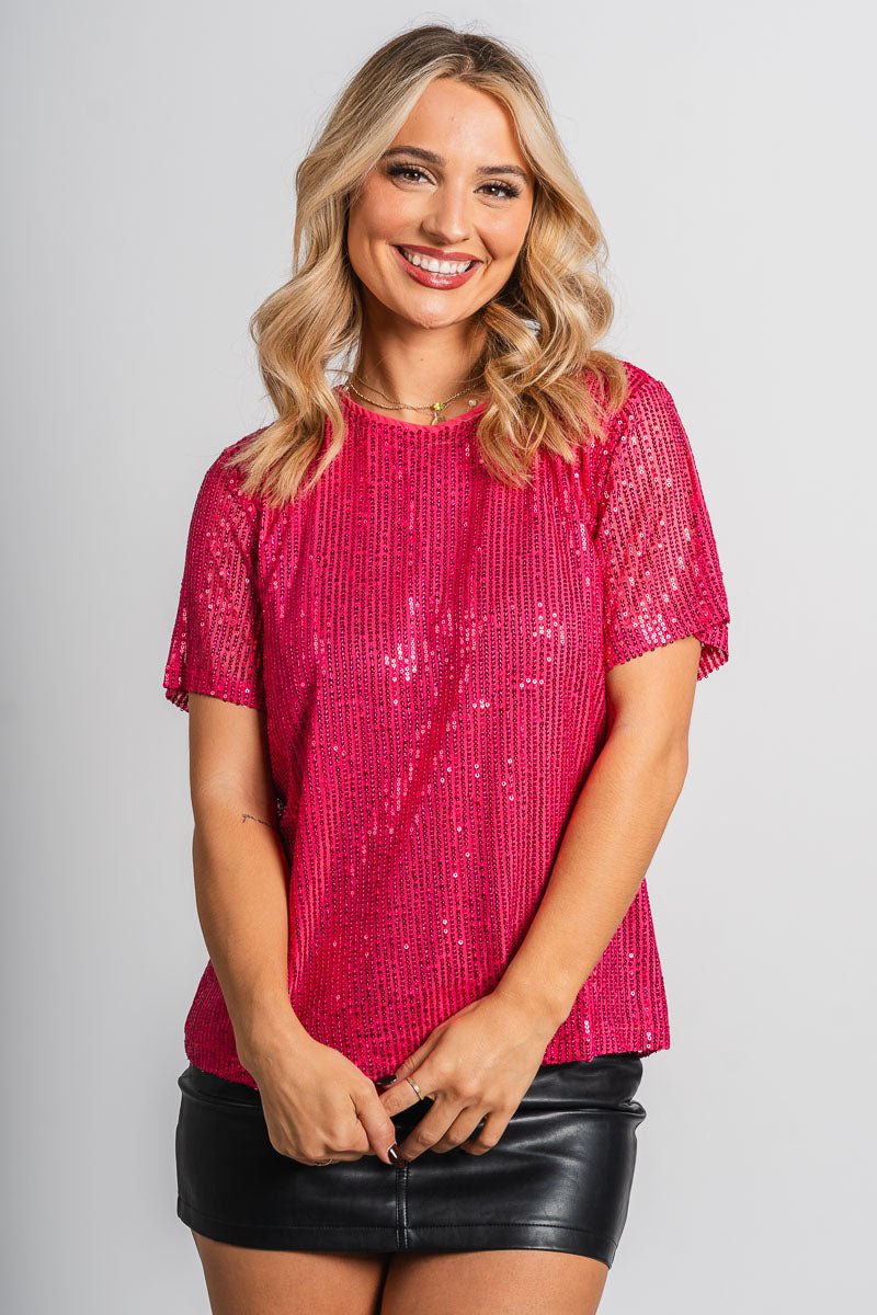 Short sleeve sequin top fuchsia