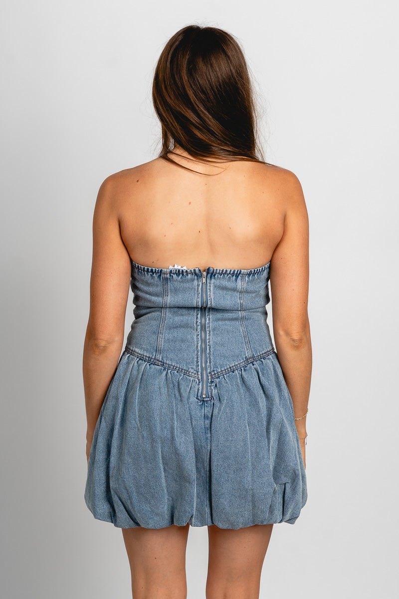 Strapless bubble hem denim dress medium blue