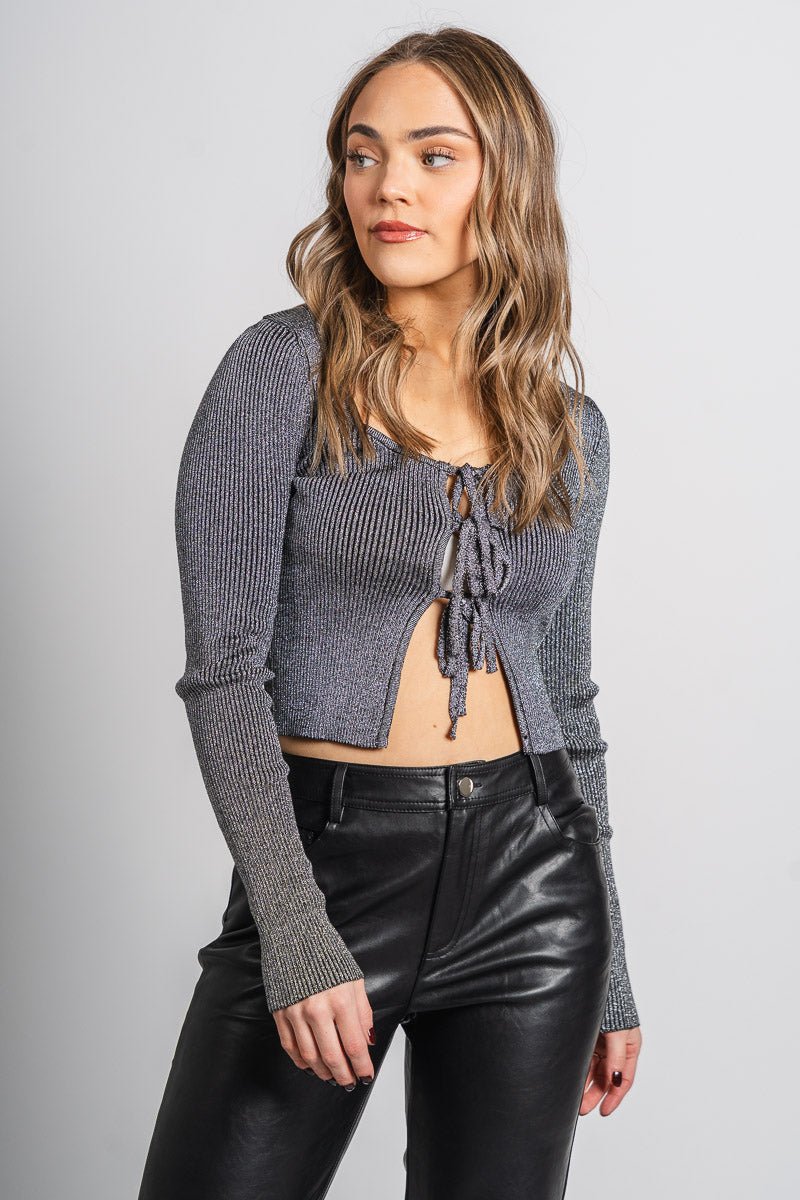 Metallic bow cardigan top black