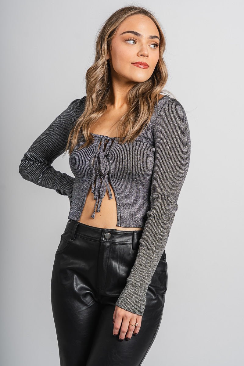 Metallic bow cardigan top black - Trendy New Year's Eve Outfits at Lush Fashion Lounge Boutique in Oklahoma City