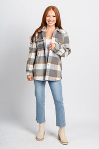 Plaid brushed flannel shacket grey – Fashionable Jackets | Trendy Blazers at Lush Fashion Lounge Boutique in Oklahoma City