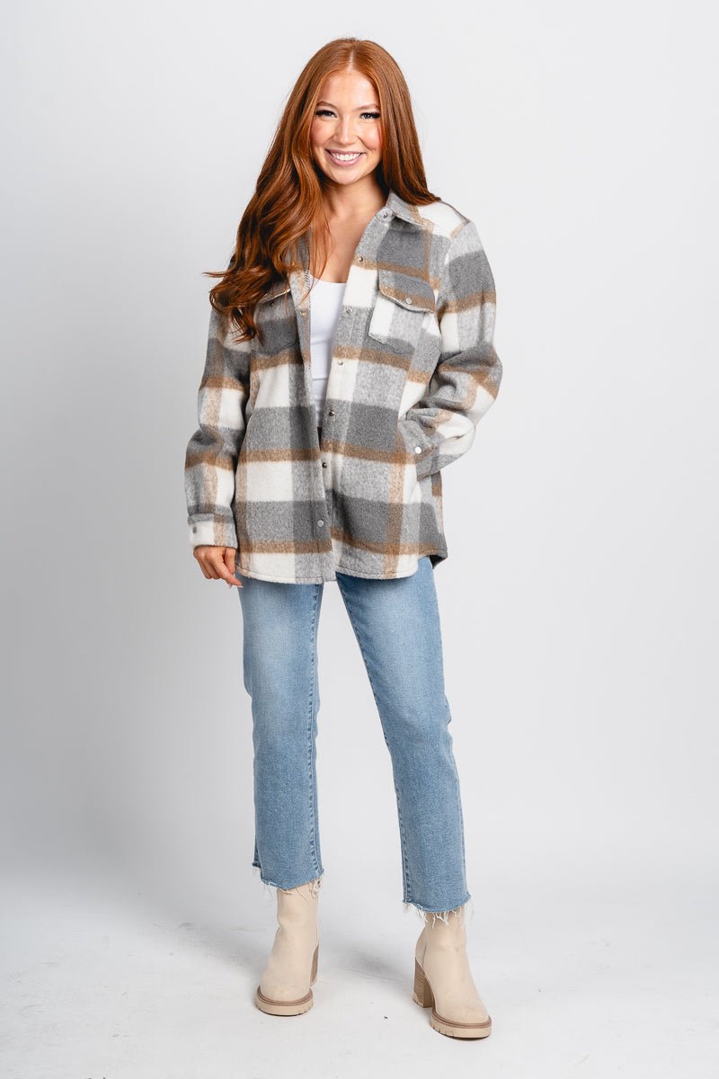 Plaid brushed flannel shacket grey – Unique Blazers | Cute Blazers For Women at Lush Fashion Lounge Boutique in Oklahoma City