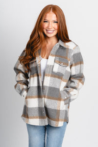 Plaid brushed flannel shacket grey – Trendy Jackets | Cute Fashion Blazers at Lush Fashion Lounge Boutique in Oklahoma City