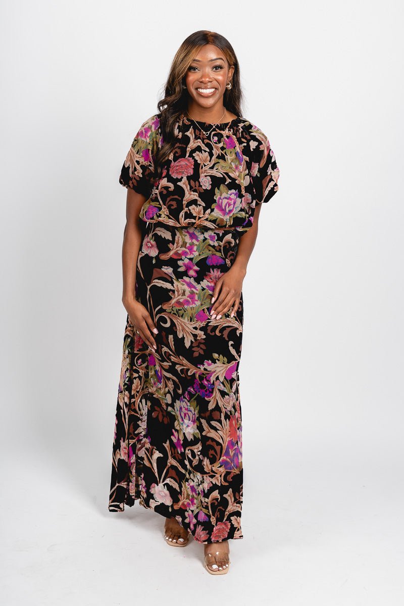 Floral velvet bubble hem top black multi