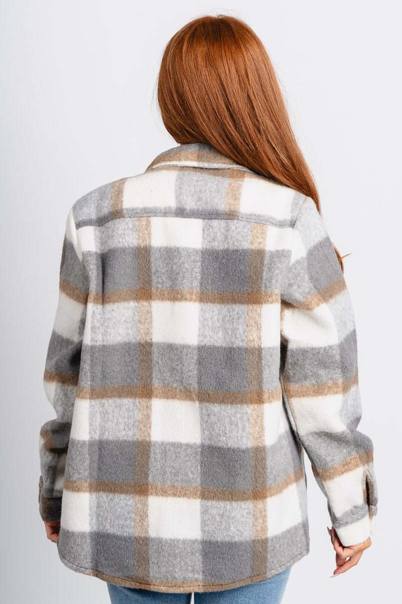 Plaid brushed flannel shacket grey
