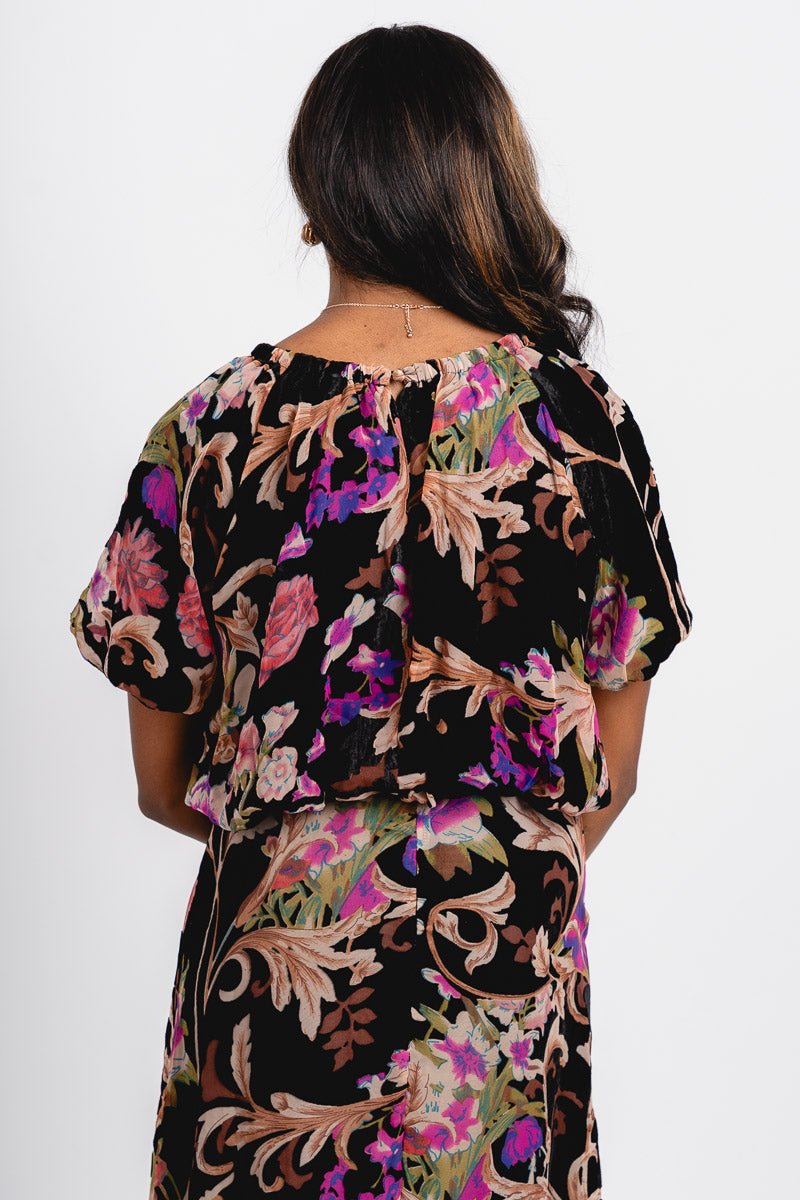 Floral velvet bubble hem top black multi