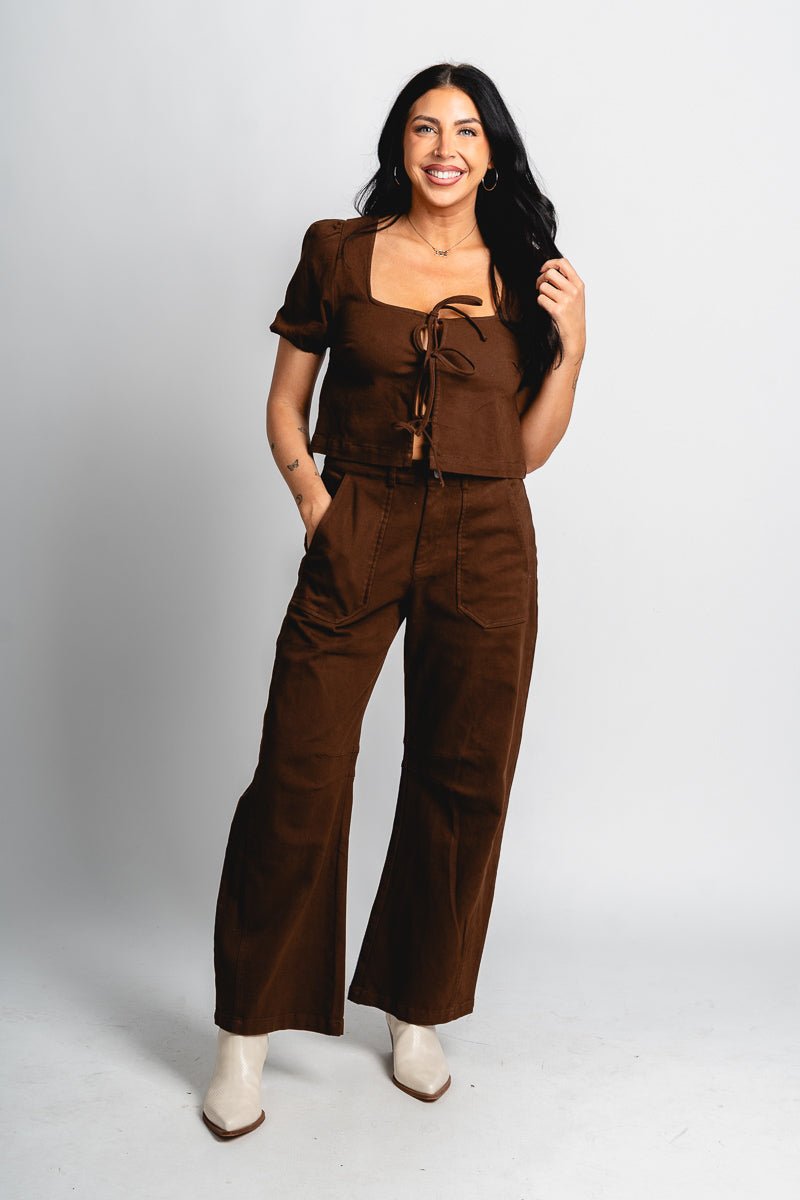 Square neck tie front top brown