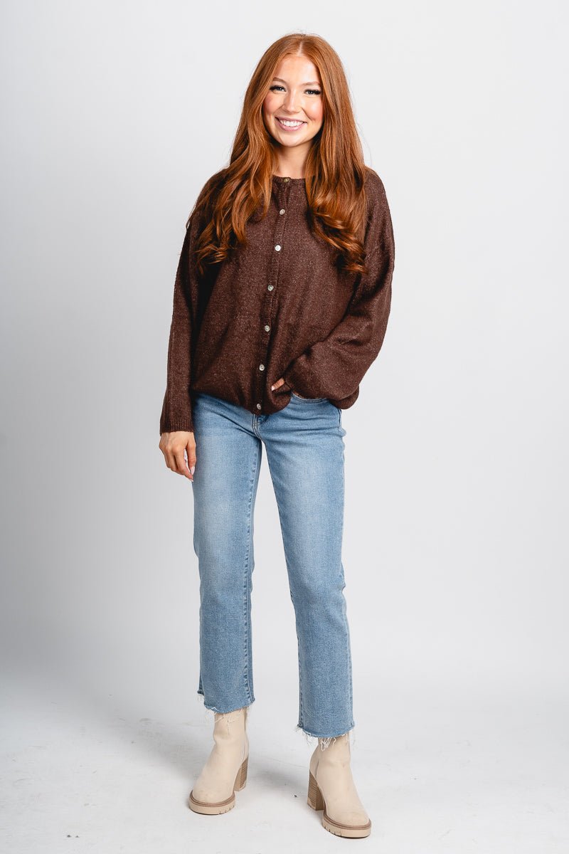 Button up sweater cardigan brown - Trendy Cardigan - Fashion Cardigans & Cute Kimonos at Lush Fashion Lounge Boutique in Oklahoma City