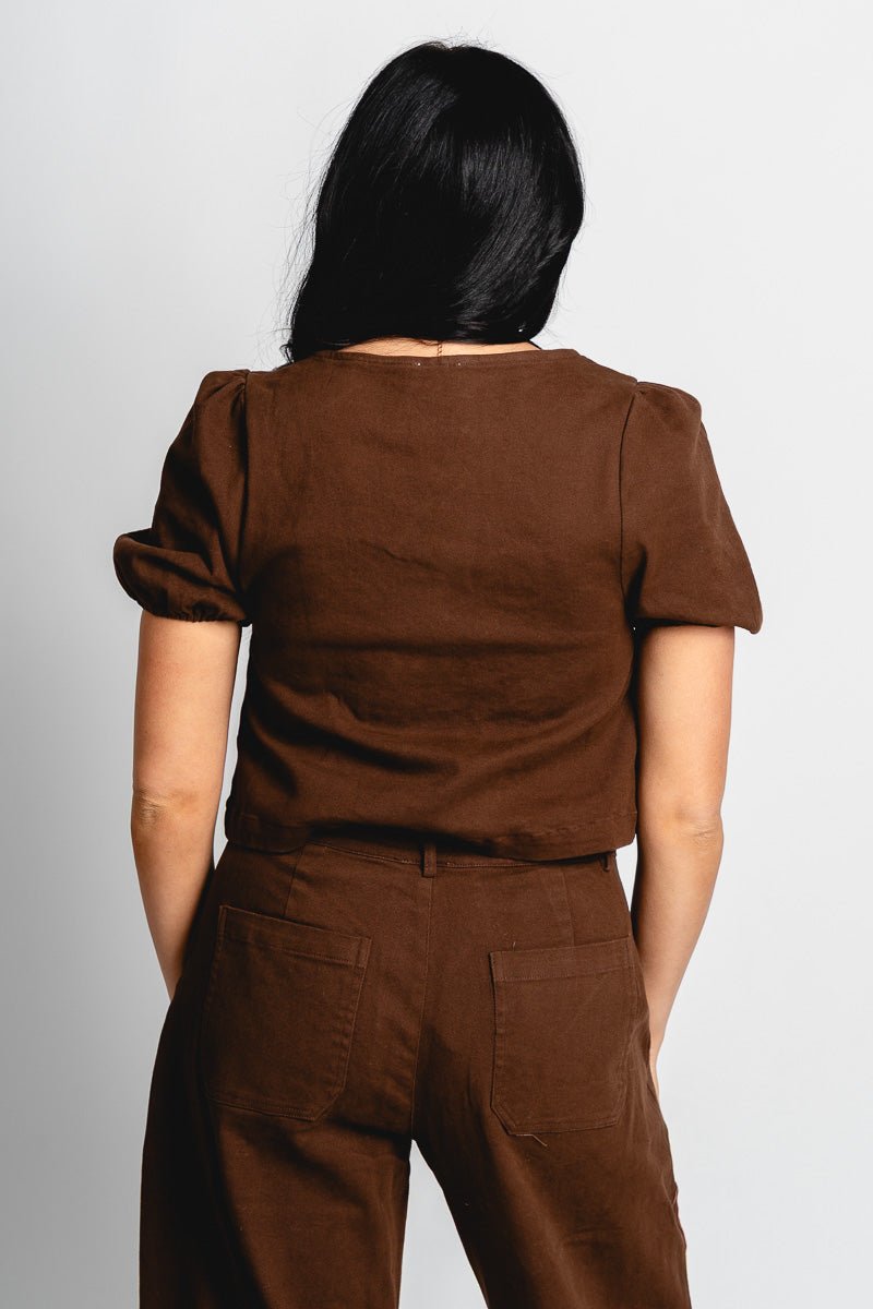 Square neck tie front top brown