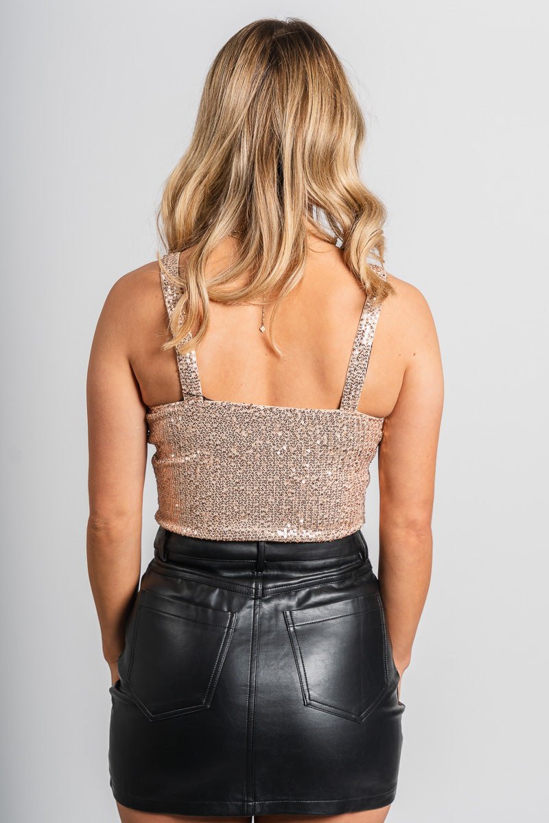 Sequin deep v bodysuit apricot