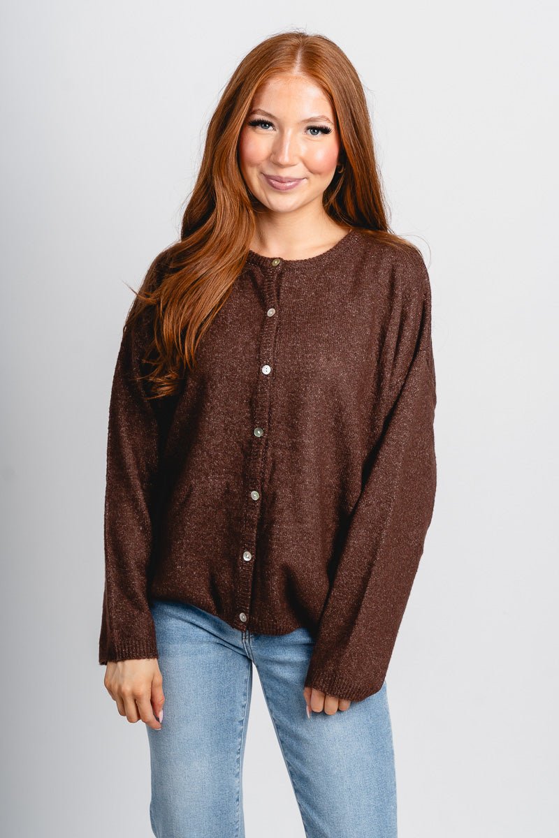 Button up sweater cardigan brown - Affordable Cardigan - Boutique Cardigans & Trendy Kimonos at Lush Fashion Lounge Boutique in Oklahoma City