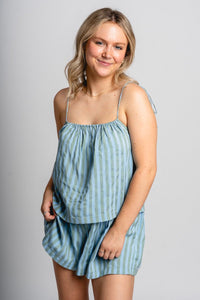 Striped basque shorts green/blue - Trendy shorts - Fashion Shorts at Lush Fashion Lounge Boutique in Oklahoma City
