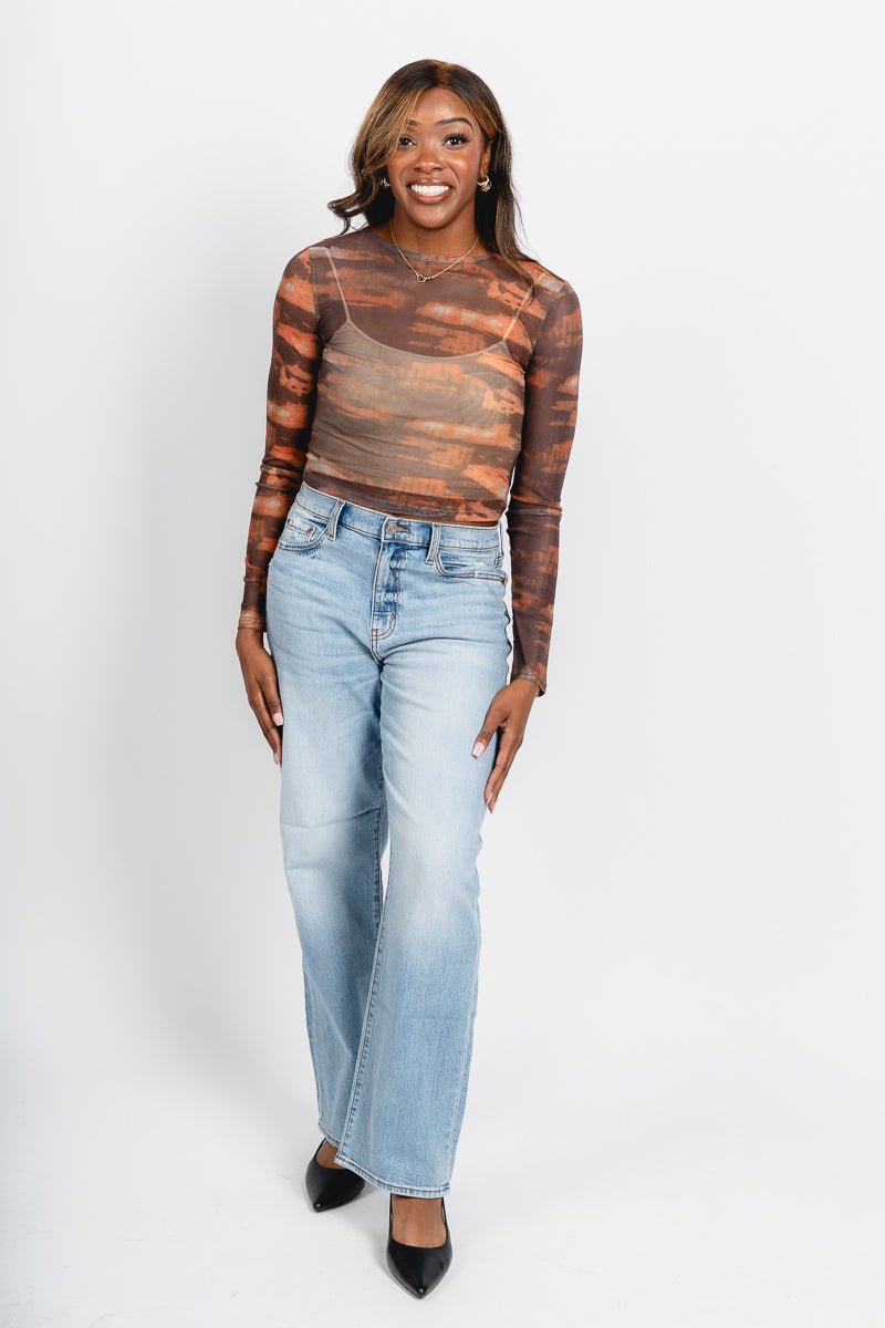 Watercolor mesh long sleeve top brown