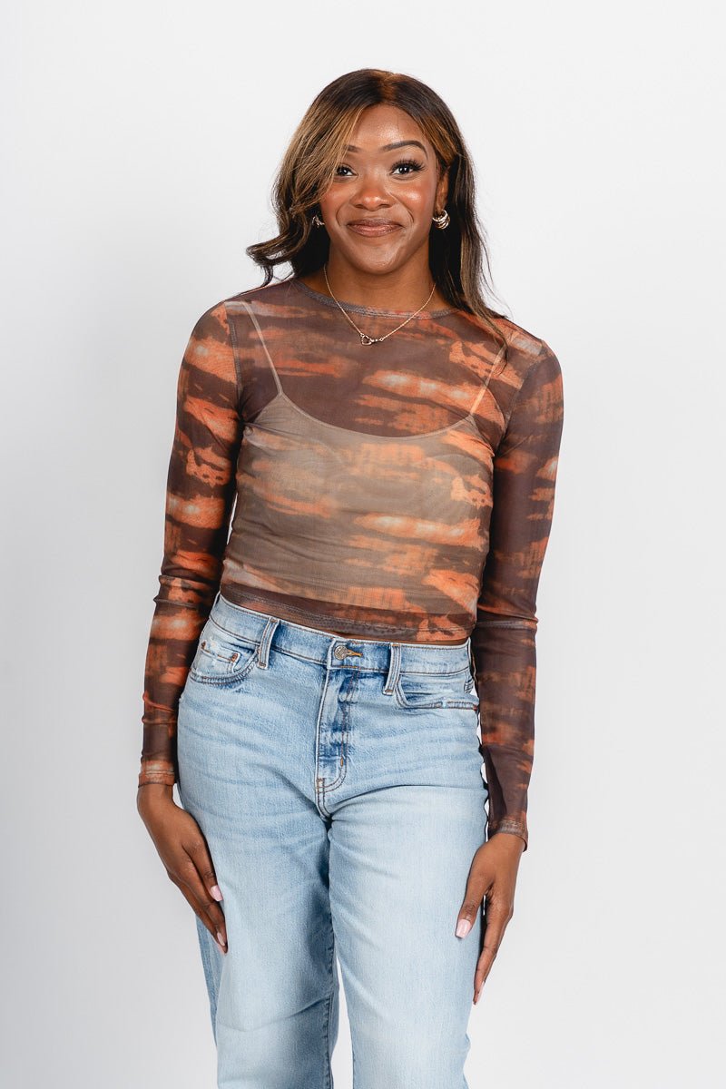 Watercolor mesh long sleeve top brown