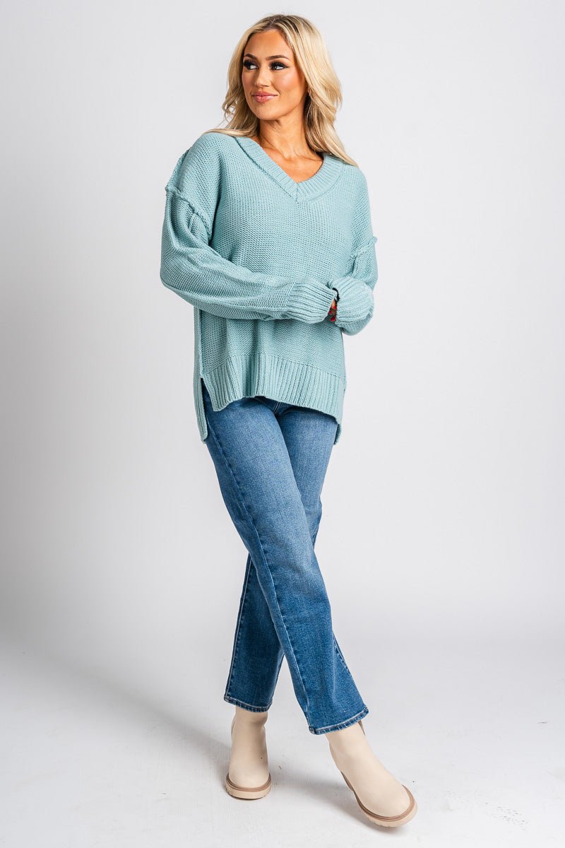 V-neck chunky sweater ocean - Trendy Sweaters | Cute Pullover Sweaters at Lush Fashion Lounge Boutique in Oklahoma City