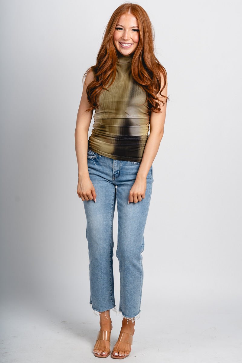 High neck mesh sleeveless top olive