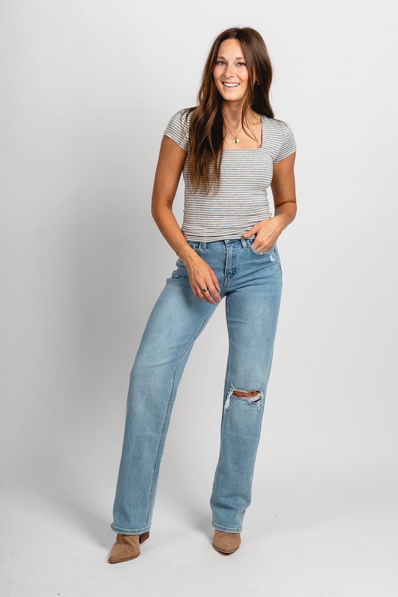 Square neck short sleeve top heather grey