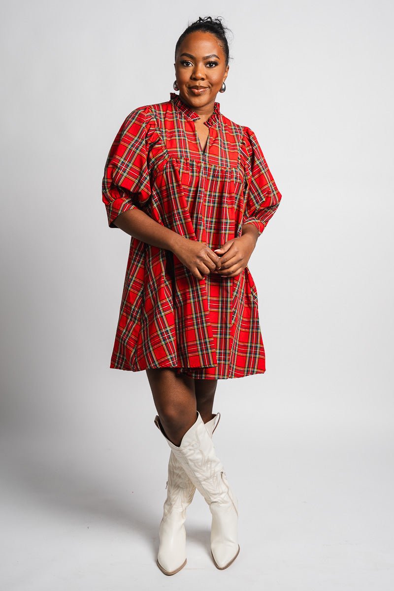 Plaid baby doll dress red