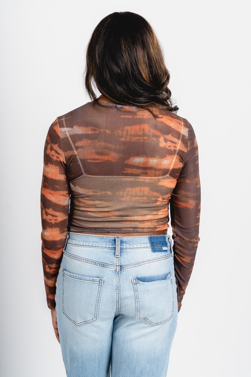 Watercolor mesh long sleeve top brown